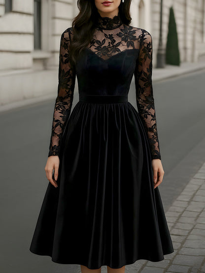 Velvet Midi Dress With Floral Lace Sleeves