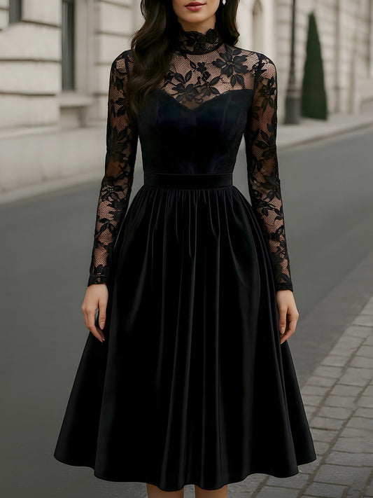 Velvet Midi Dress With Floral Lace Sleeves