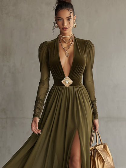 Olive Velvet Chiffon Slit Long Sleeve Maxi Dress