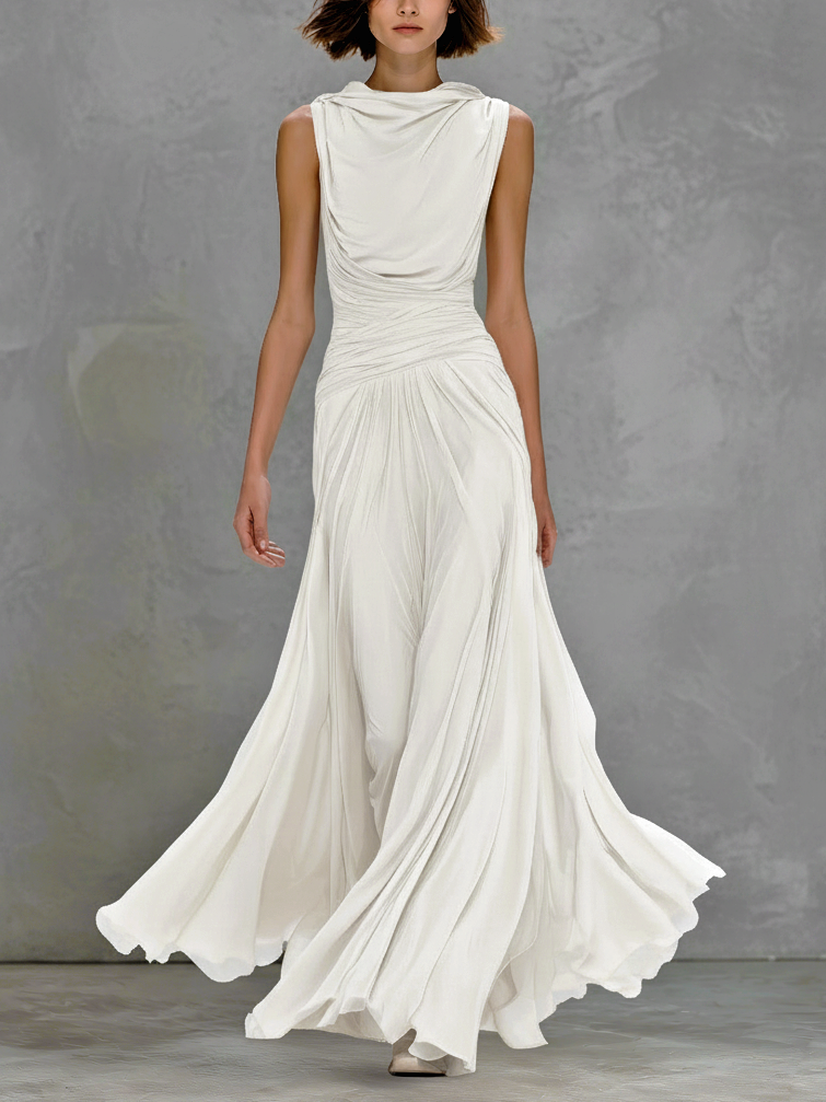 Women's Elegant White Sleeveless Stretchy Knit Slim-fit Maxi Dress With Ruched Waist