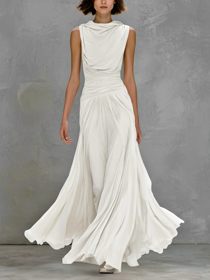 Women's Elegant White Sleeveless Stretchy Knit Slim-fit Maxi Dress With Ruched Waist