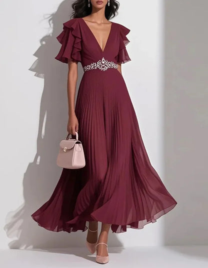 Chiffon Solid Color Lotus Leaf Sleeves Midi Dress