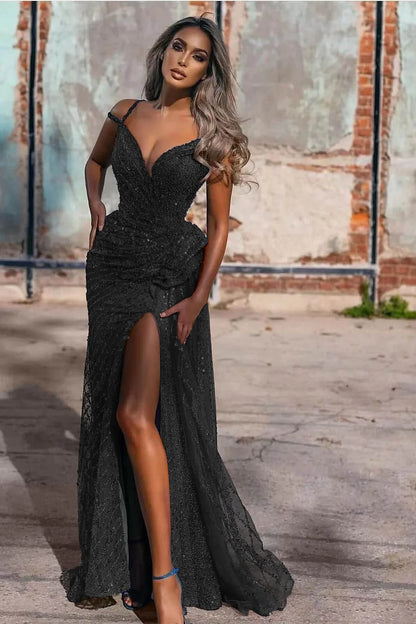 Off-The-Shoulder Sequins Evening Dress Split Mermaid