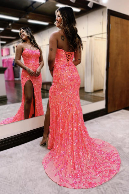 Dazzling Mermaid Strapless Coral Sequin Lace Long Prom Dresses