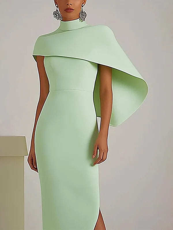 Chic Party Dress Sage Green High Neck Cape Asymmetric Maxi Dress