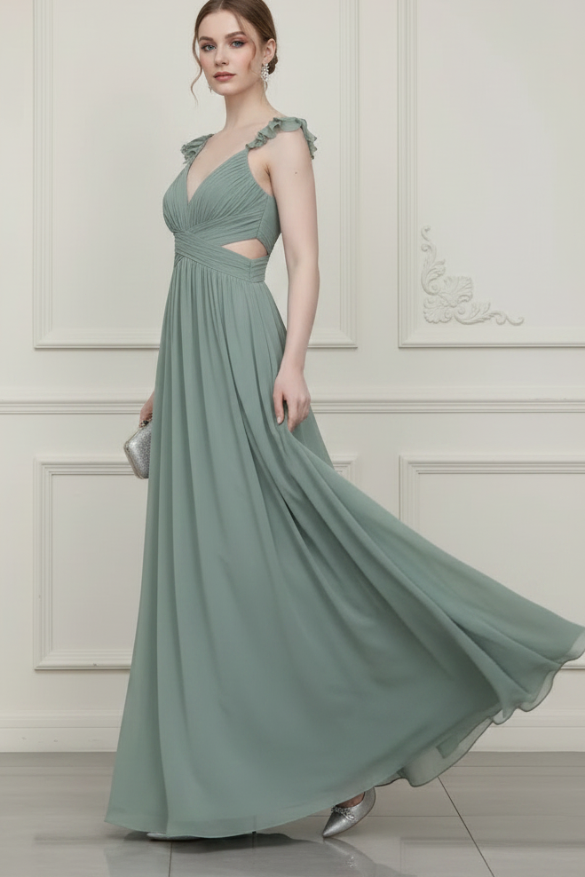 V-Neck Straps Pleated A-Line Wedding Guest Dress