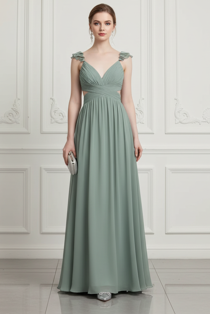 V-Neck Straps Pleated A-Line Wedding Guest Dress