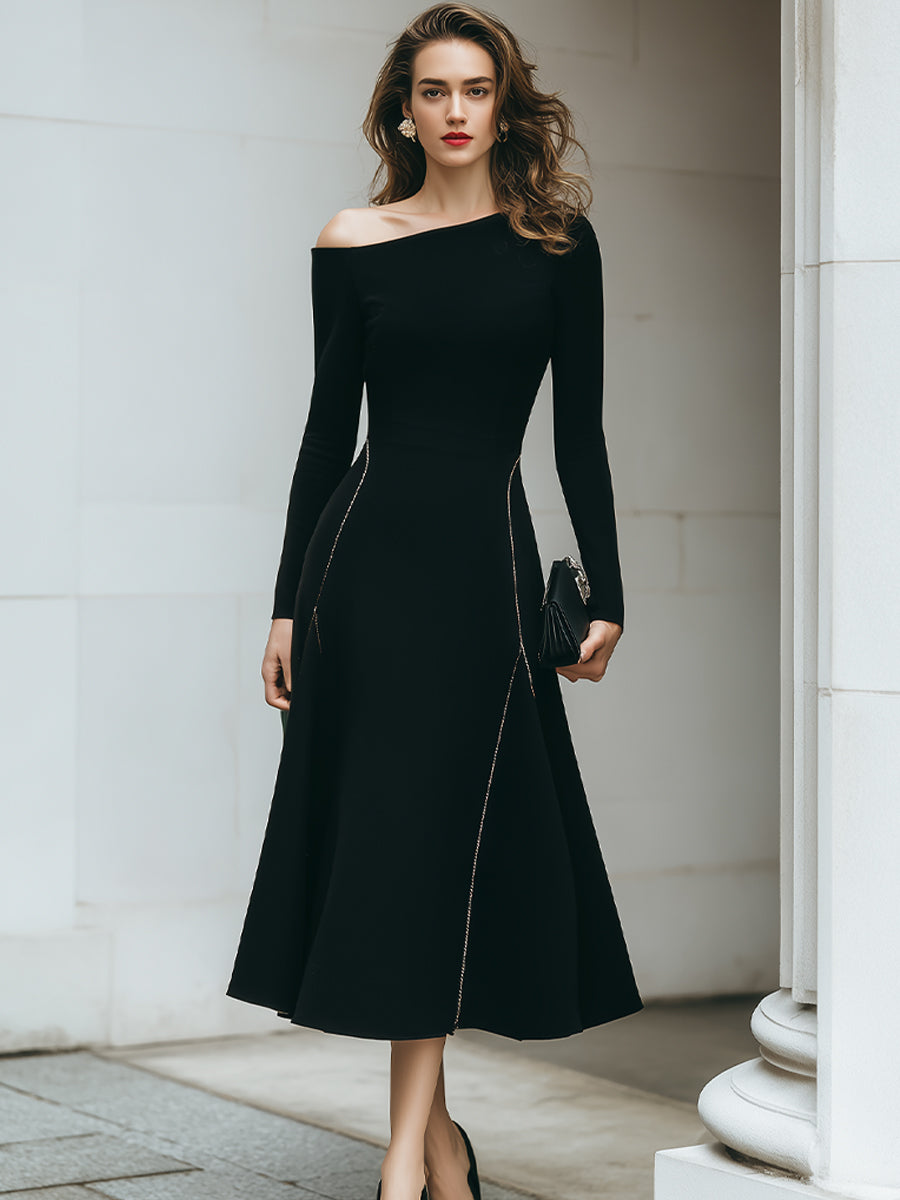 Black Off-Shoulder Midi Dress With Side Zipper Detail