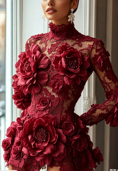 Women's Long Sleeve Lace 3D Flower Embroidery Dress