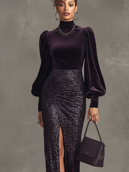 Purple Velvet Sequined Slit Long Sleeve Maxi Dress