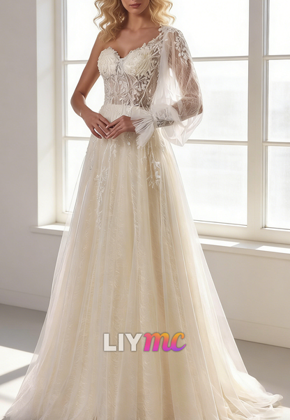 One Shoulder Long Sleeves Appliques A-Line Wedding Dress