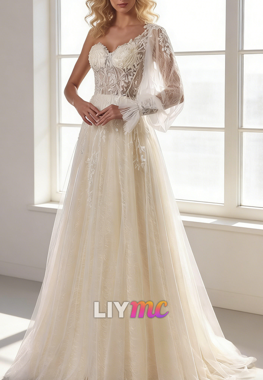 One Shoulder Long Sleeves Appliques A-Line Wedding Dress