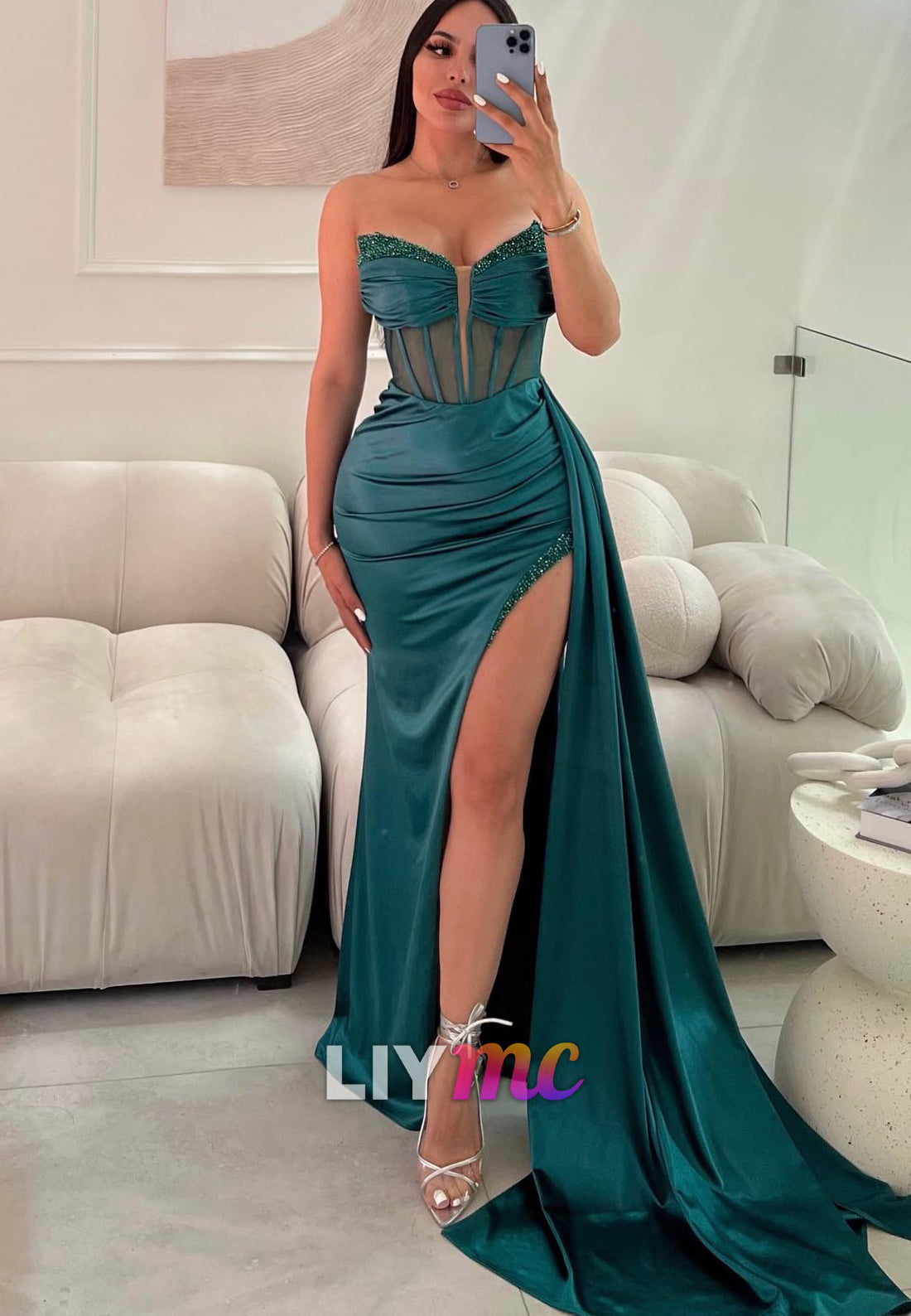 LP962 - Plunging V neck Satin Draped Beads Mermaid Formal Prom Dress with Slit