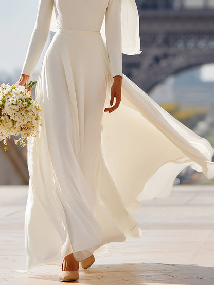 Women's White Modern Crepe One - Shoulder Draped Wedding Formal Gown