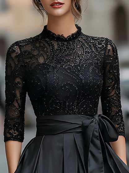 Elegant Black Lace Bodice Dress With Satin Pleated Skirt