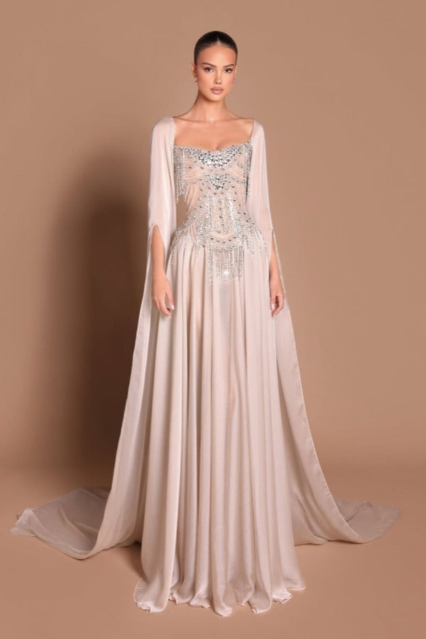 Square Neck Long Sleeves Long Prom Dress With Rhinstone And Pearl Beadings