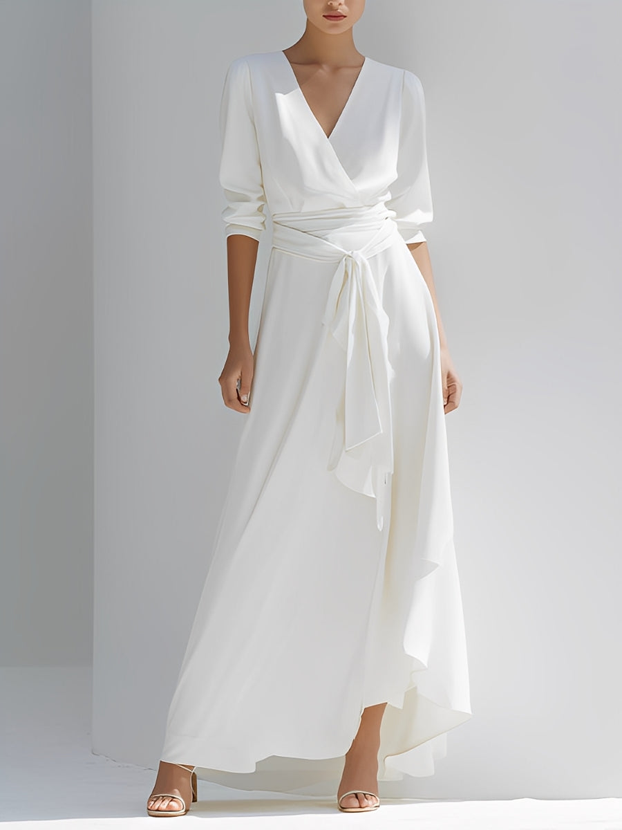 Women's Ivory Flowy Dress With Wrap Silhouette & Asymmetric Hem, Modern Effortless-Sophisticated Style Dress