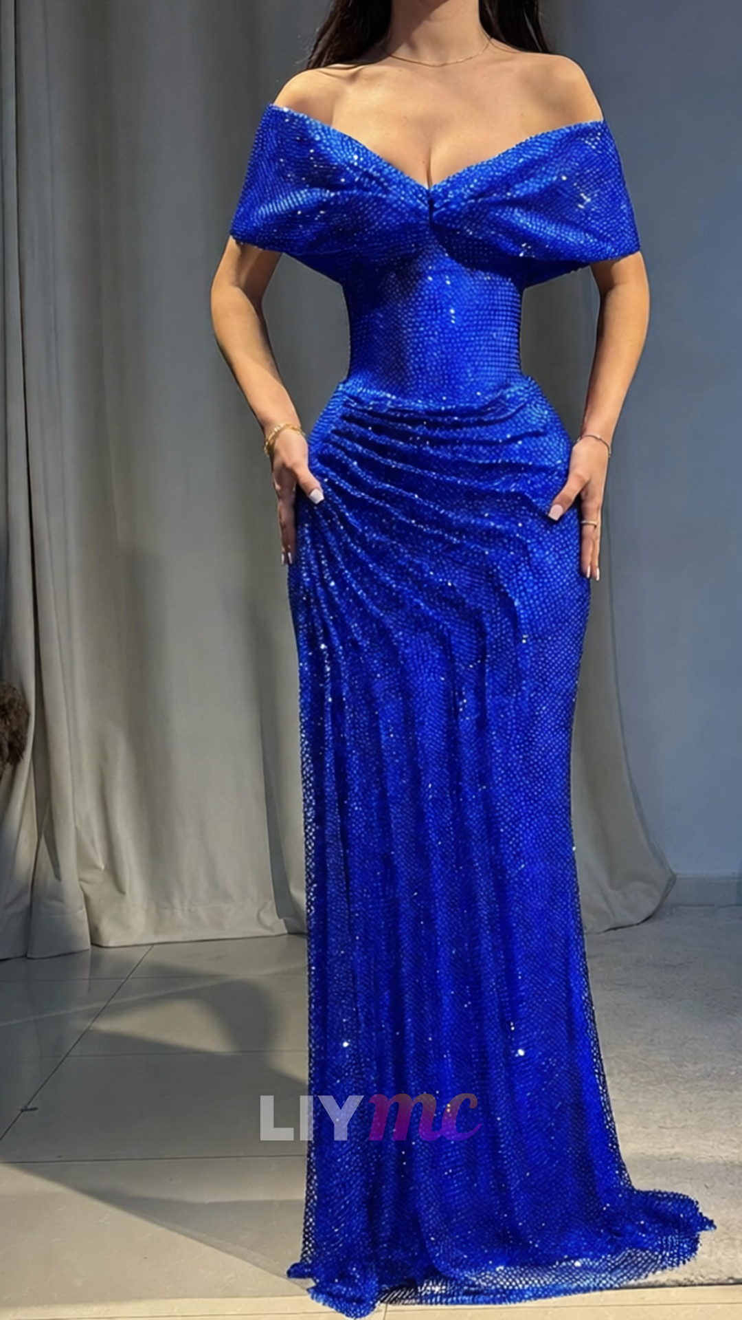 Off-Shoulder Strapless Pleated Sparkly Mermaid Prom Dress