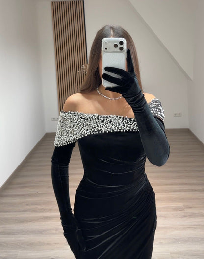 Asymmetrical Long Sleeves Beaded Mermaid Black Evening Dress