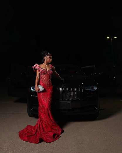 Red Mermaid Long Prom Dresses Formal Evening Dress