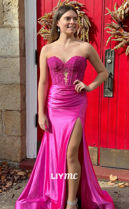 LP779 - Plunging V neck Appliques Pink Mermaid Formal Prom Dress with Slit