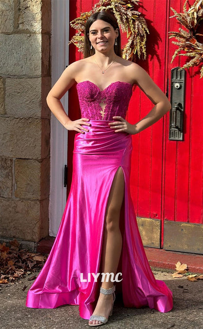 LP779 - Plunging V neck Appliques Pink Mermaid Formal Prom Dress with Slit