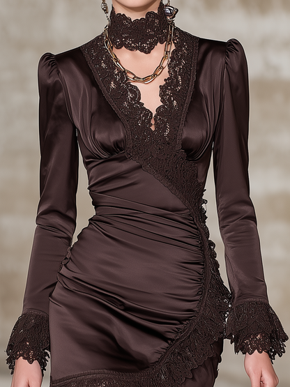 Brown Lace-Trimmed Satin Wrap Long Sleeve Mini Dress