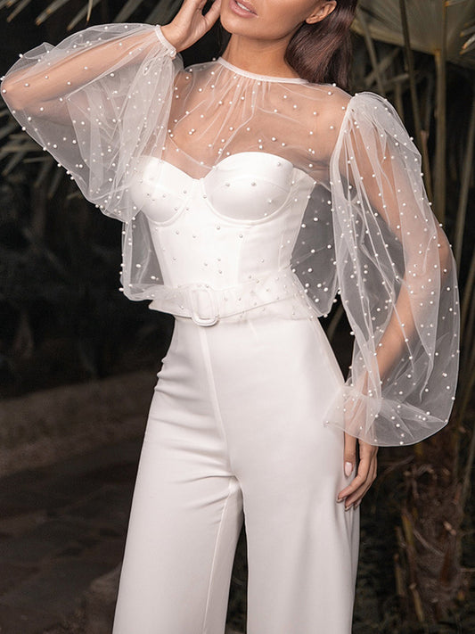 Simple Round-Neck Long Sleeve See-Through Wide Leg Jumpsuit