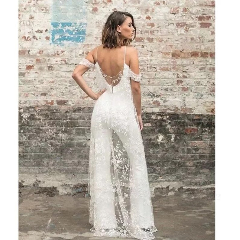 Wedding Bridal Jumpsuit, Sexy Wedding dress with Lace open back,Beautiful Formal outfit