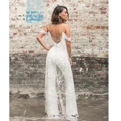 Wedding Bridal Jumpsuit, Sexy Wedding dress with Lace open back,Beautiful Formal outfit