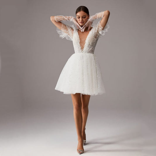 Mini Length Wedding Dress Short V-Neck Backless Above Knee Bridal Gown