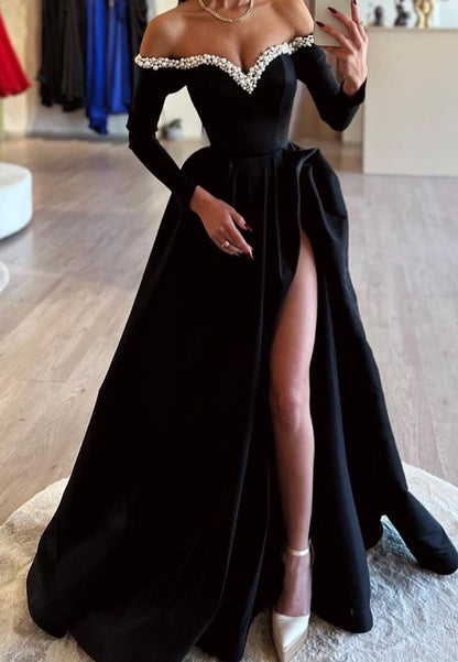 Off-Shoulder Long Sleeves Beaded A-Line Long Evening Dress