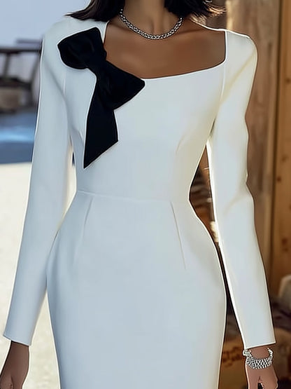 Elegant White Dress With Black Bow Collar Decor
