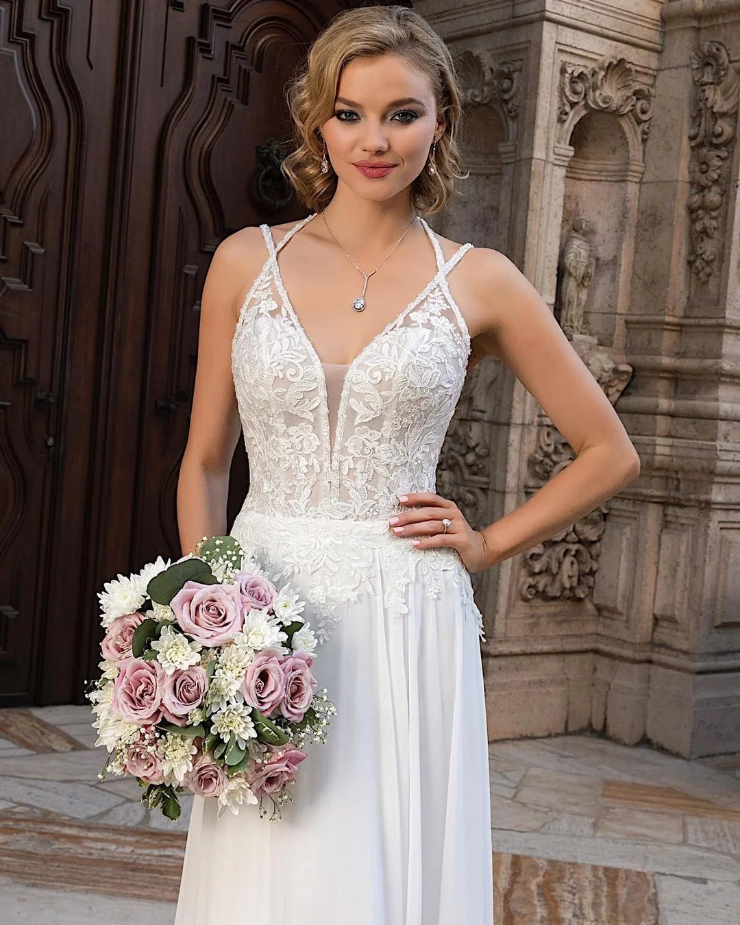Simple Long A-line Split V-neck Wedding Dress With Chiffon Lace