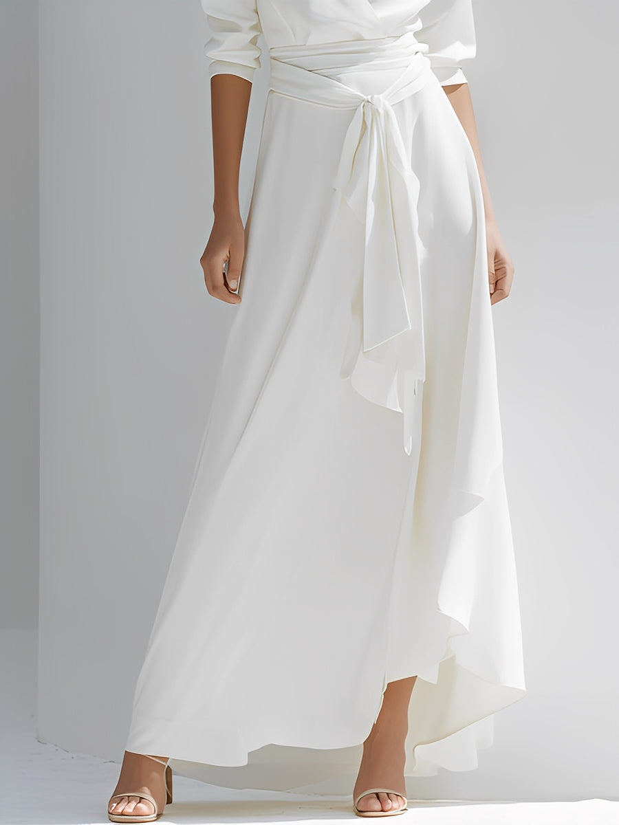 Women's Ivory Flowy Dress With Wrap Silhouette & Asymmetric Hem, Modern Effortless-Sophisticated Style Dress