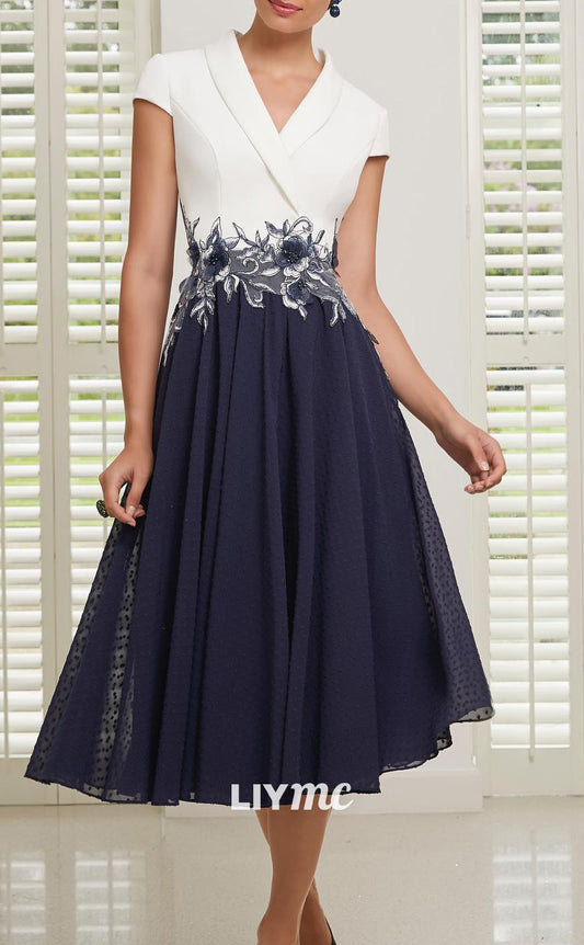 M1146 - V-Neck Cap Sleeves Appliques Pleated A-Line Mother of Bride Wedding Guest Dress