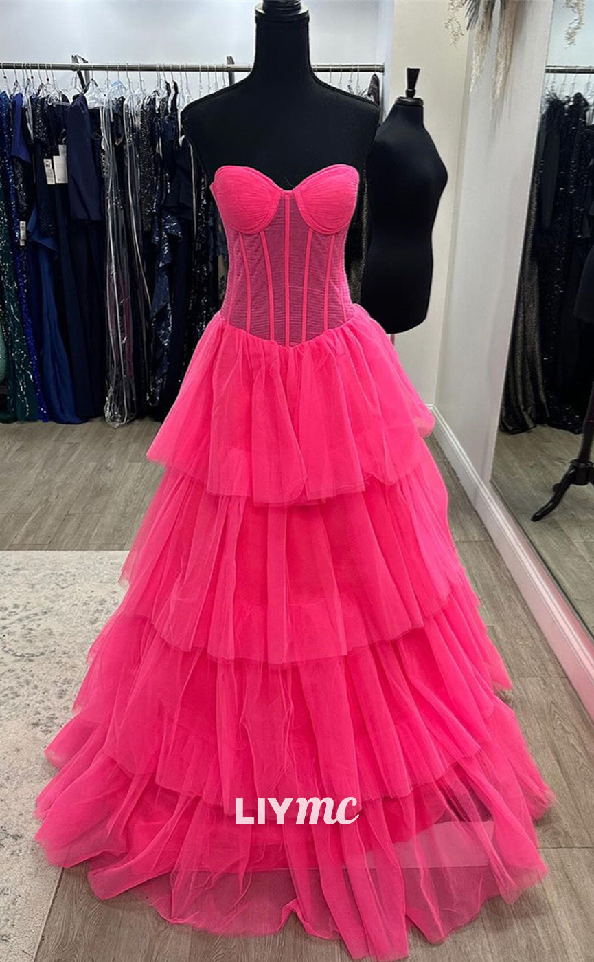 LP780 - A Line Sweetheart Tulle Pink Semi Formal Prom Dress