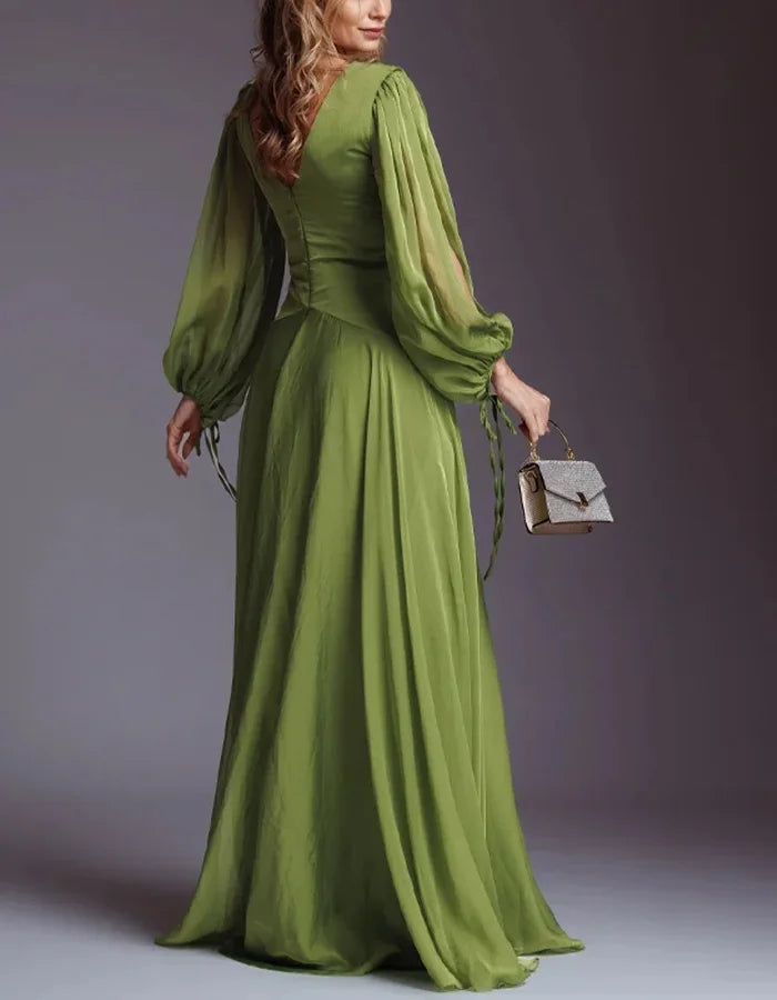 Elegant Chiffon Solid Color Long Sleeve Maxi Dress