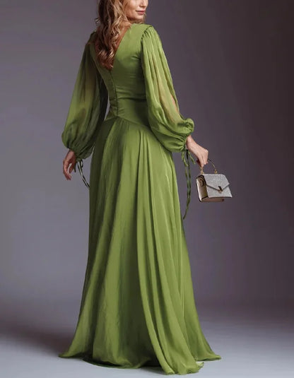 Elegant Chiffon Solid Color Long Sleeve Maxi Dress