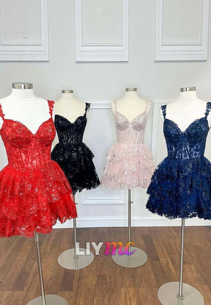 Off-Shoulder Appliques Tiered A-Line Short Homecoming Dress