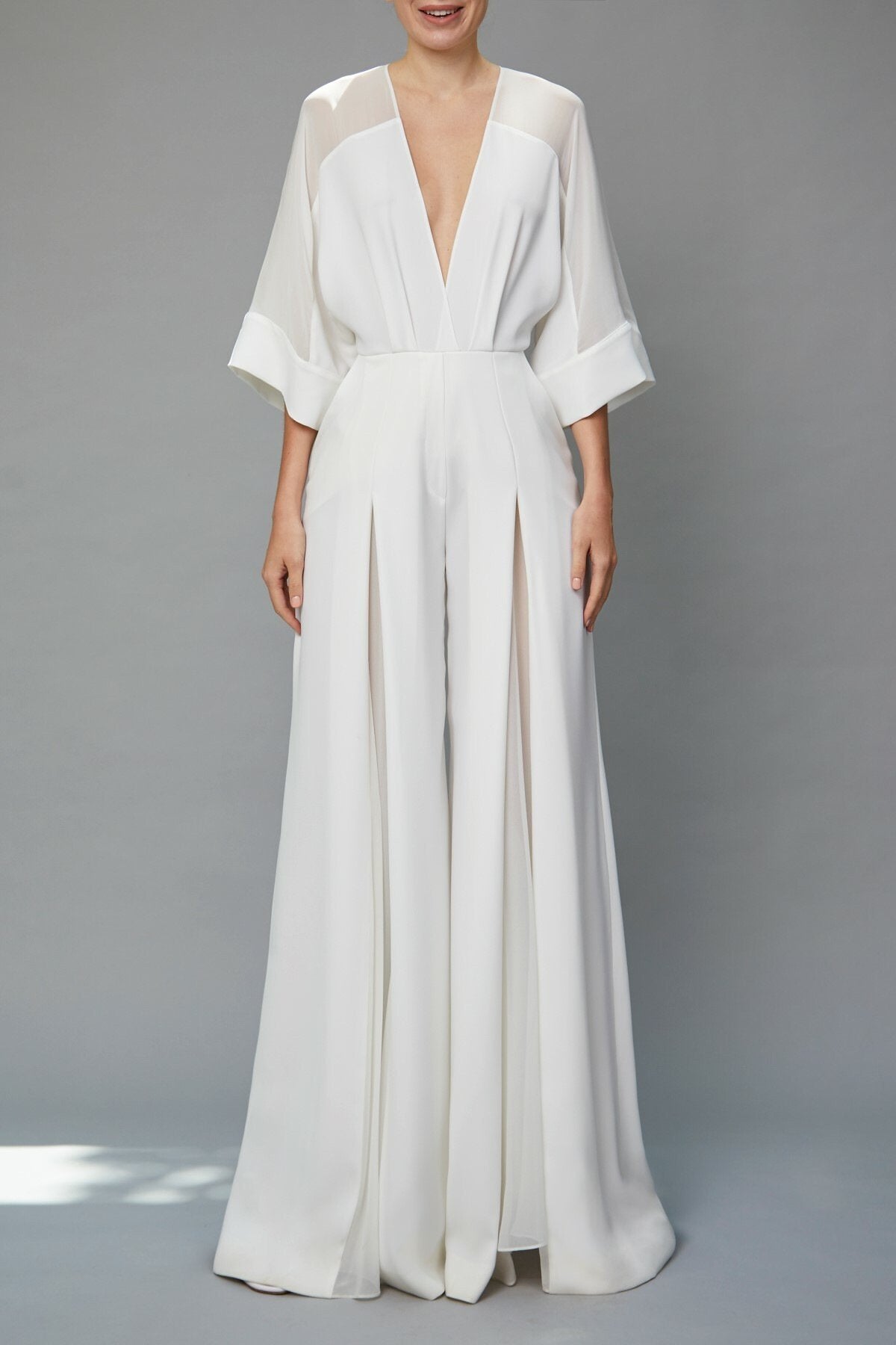 splice deep v neck tie up waist wide leg chiffon jumpsuit