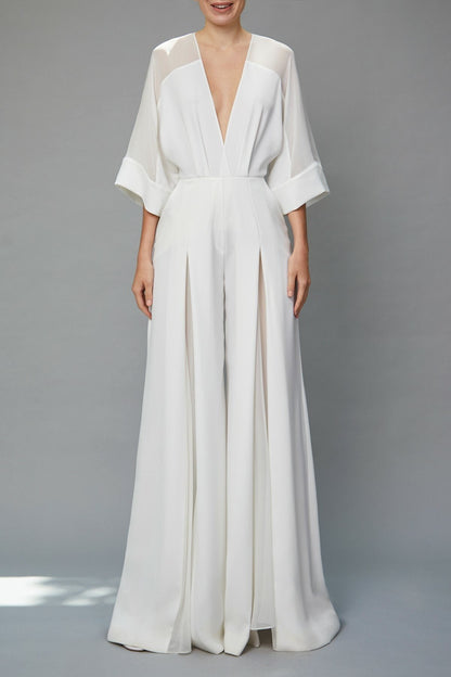 splice deep v neck tie up waist wide leg chiffon jumpsuit