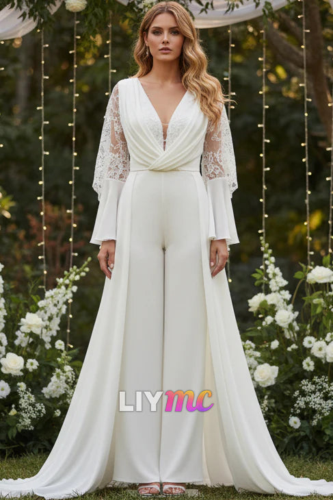 V-Neck Long Sleeves Bridal Jumpsuits