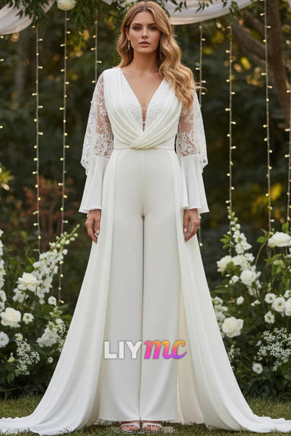 V-Neck Long Sleeves Bridal Jumpsuits