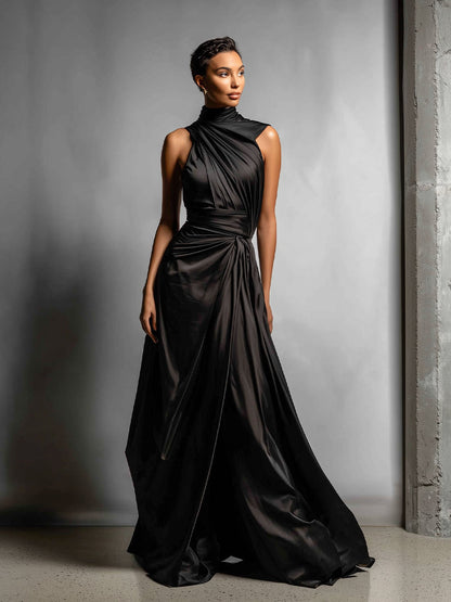 Women's Black Chic Satin Asymmetric Draped Gown