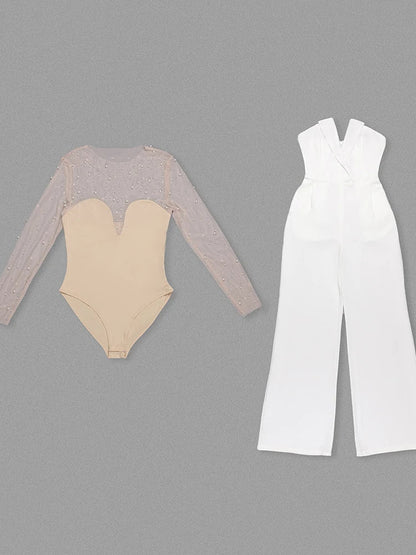 Pearl Mesh Bodysuit and White Jumpsuit Set