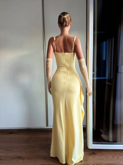 Silky Daffodil Square Sheath Split Prom Dress With Tulle Gloves YK0364