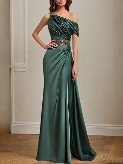 Formal Dress Green One Shoulder Rhinestone Waist Belt Floor Length Dress