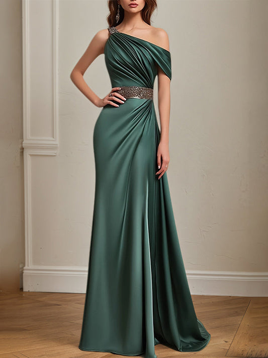 Formal Dress Green One Shoulder Rhinestone Waist Belt Floor Length Dress