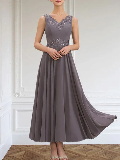A-line V-Neck Ankle-Length Chiffon Mother of the Bride Dress With Sequins Appliques Lace Beading
